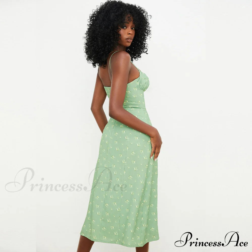 Daisy Printed Puff Sleeve High Classic Slit Smock Maxi Sundress - White