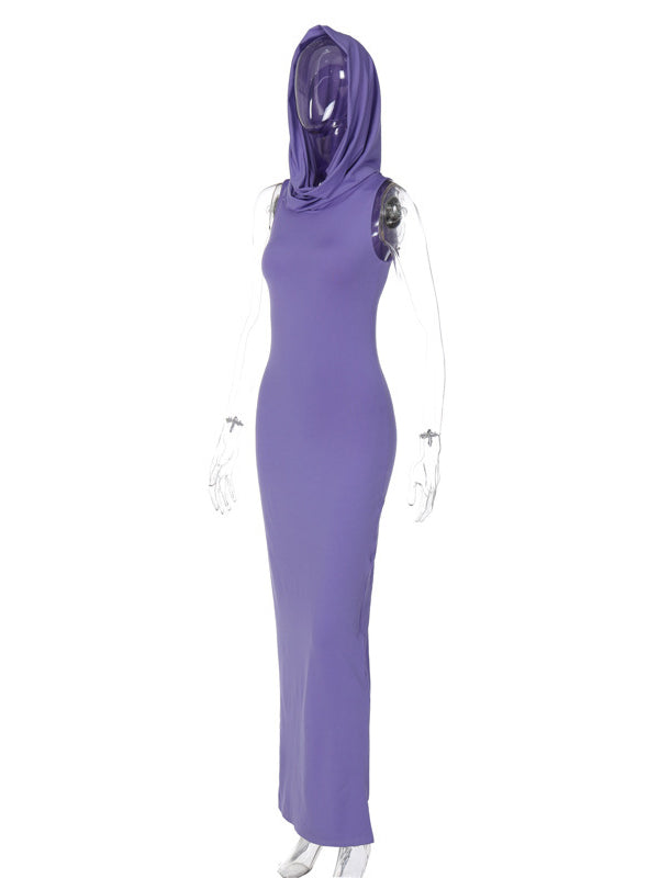 Bodycon High Waisted Hooded Color Split-back Maxi Dresses