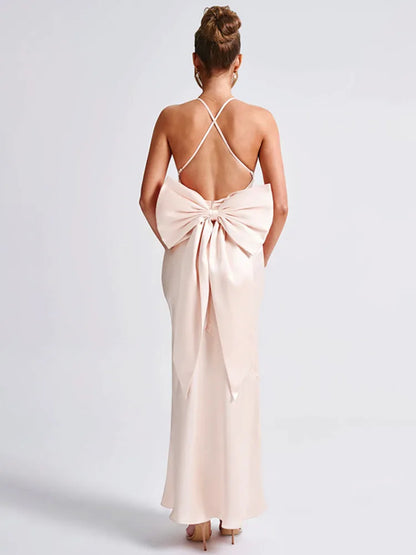 Bow Backless Maxi Dress for Satin Spaghetti Strap V Neck Sleeveless Club Party Long Dress