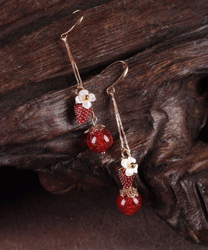 Red Copper Cloisonne Cloured Glaze Strawberry Shell Flower Drop Earrings