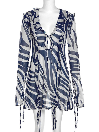Julissa Mo Chiffon Sheer Bandage V-neck Longsleeve Mini Dress for Zebra Print Slim See Through Beach Holiday Dresses