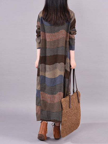 Artistic Retro Loose Ramie Cotton Striped Multi-colored Round-neck Long Sleeves Midi Dress