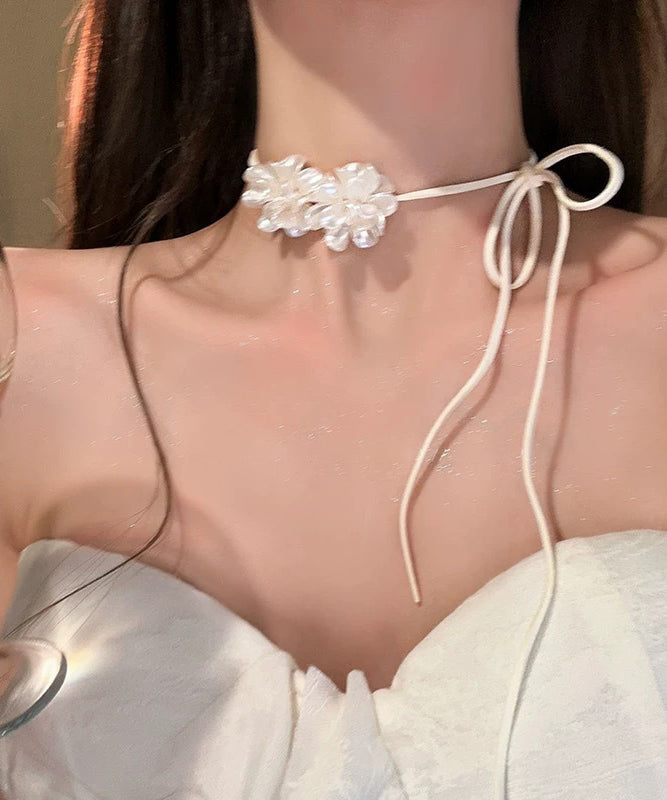 White Leather Bow Tie Lace Pendant Necklace