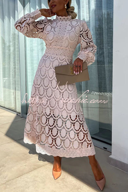 Romantic, Sensual and Crochet Lace Lantern Sleeve Party Midi Dress