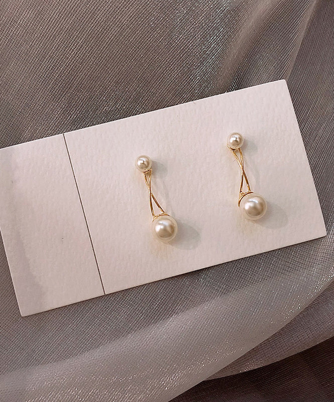 Gold Metal Overgild Pearl Cross Connection Stud Earrings