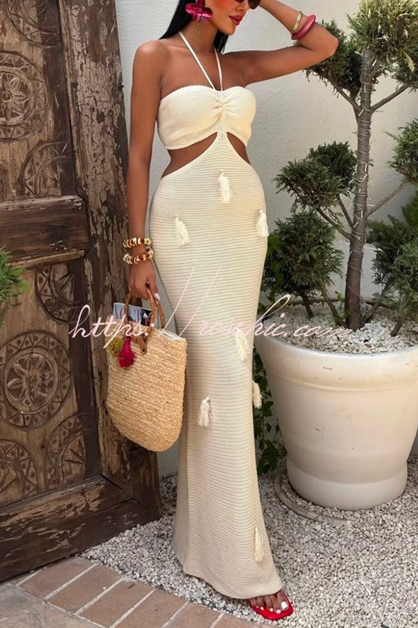 Halterneck Waist-baring Tassel-embellished Knitted Maxi Dress