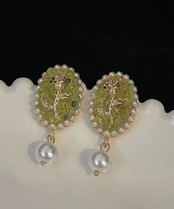 Green Sterling Silver Alloy Pearl Resin Drop Earrings