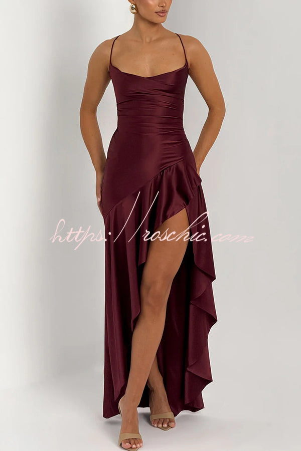Color Backless Lace-up Irregular Ruffled Maxi Dress