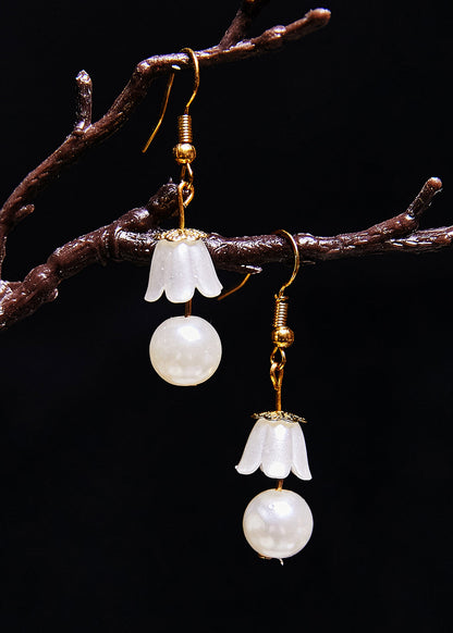Fine White Lily of the Valley Pearl Drop Earrings
