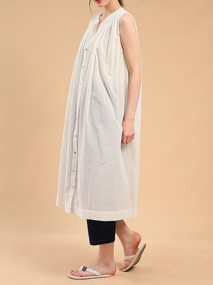 Loose Sleeveless Pleated See-through Round-neck Midi Dresses