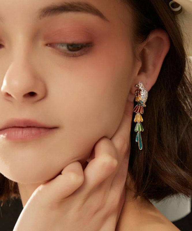 Rainbow Copper Overgild Zircon Parrot Tassel Drop Earrings