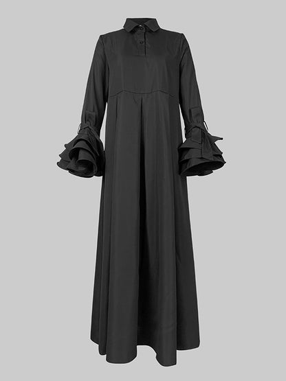 Flared Sleeves Pleated Color Split-joint Lapel Maxi Dresses Shirt Dress