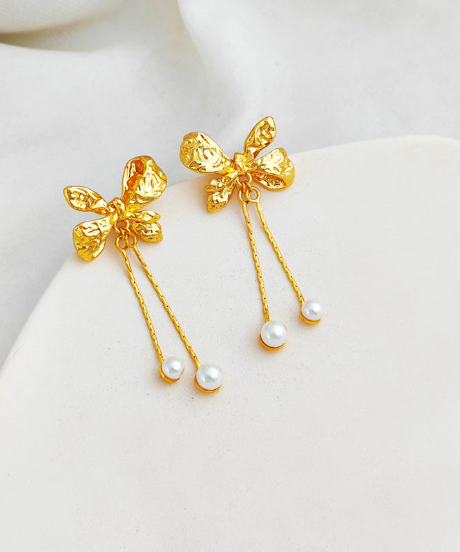 Gold Copper Pearl Bow Tassel Drop Earrings