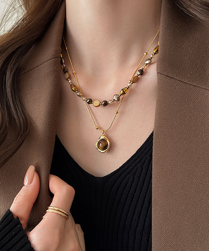 Gold Copper Overgild Tiger Eye Stone Beading Pendant Necklace Two Piece Set