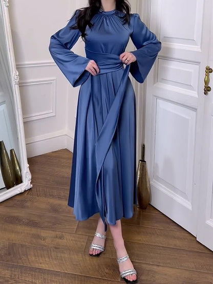 Long Sleeves Loose Pleated Color Tied Waist Mock Neck Maxi Dresses