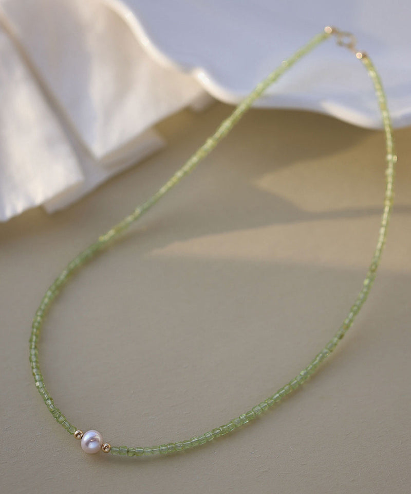 Simple Green 14k Gold Pearl Gem Stone Graduated Bead Necklace
