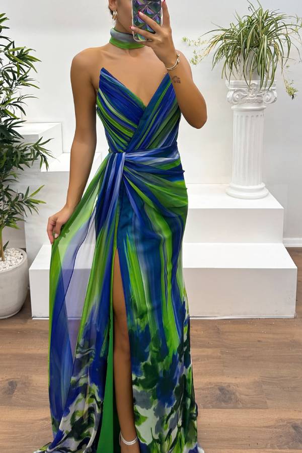 In a Dreamland Chiffon Print Off Shoulder Pleated Scarf Slit Maxi Dress