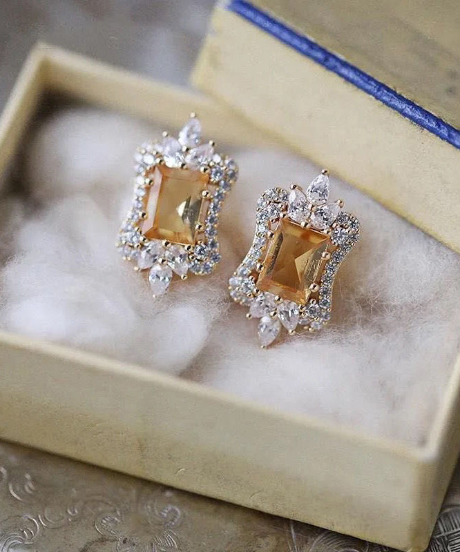 Yellow Sterling Silver Overgild Zircon Stud Earrings