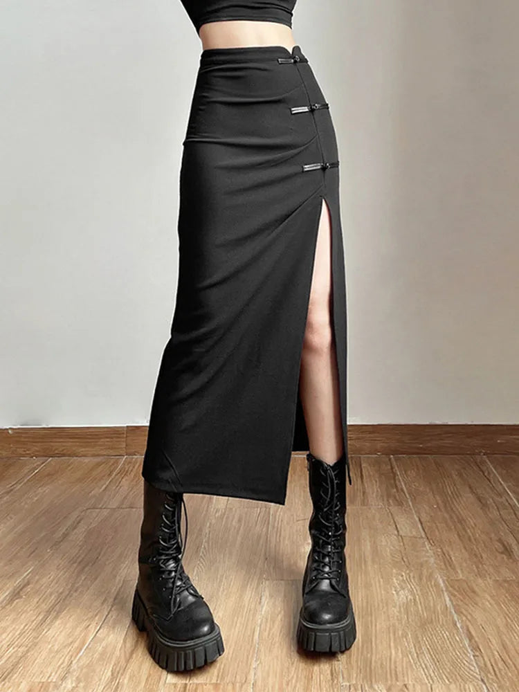Black Split Simple All-match Hot Street Outing Cool Mature Vitality Personality Trend Basic ’s Skirt