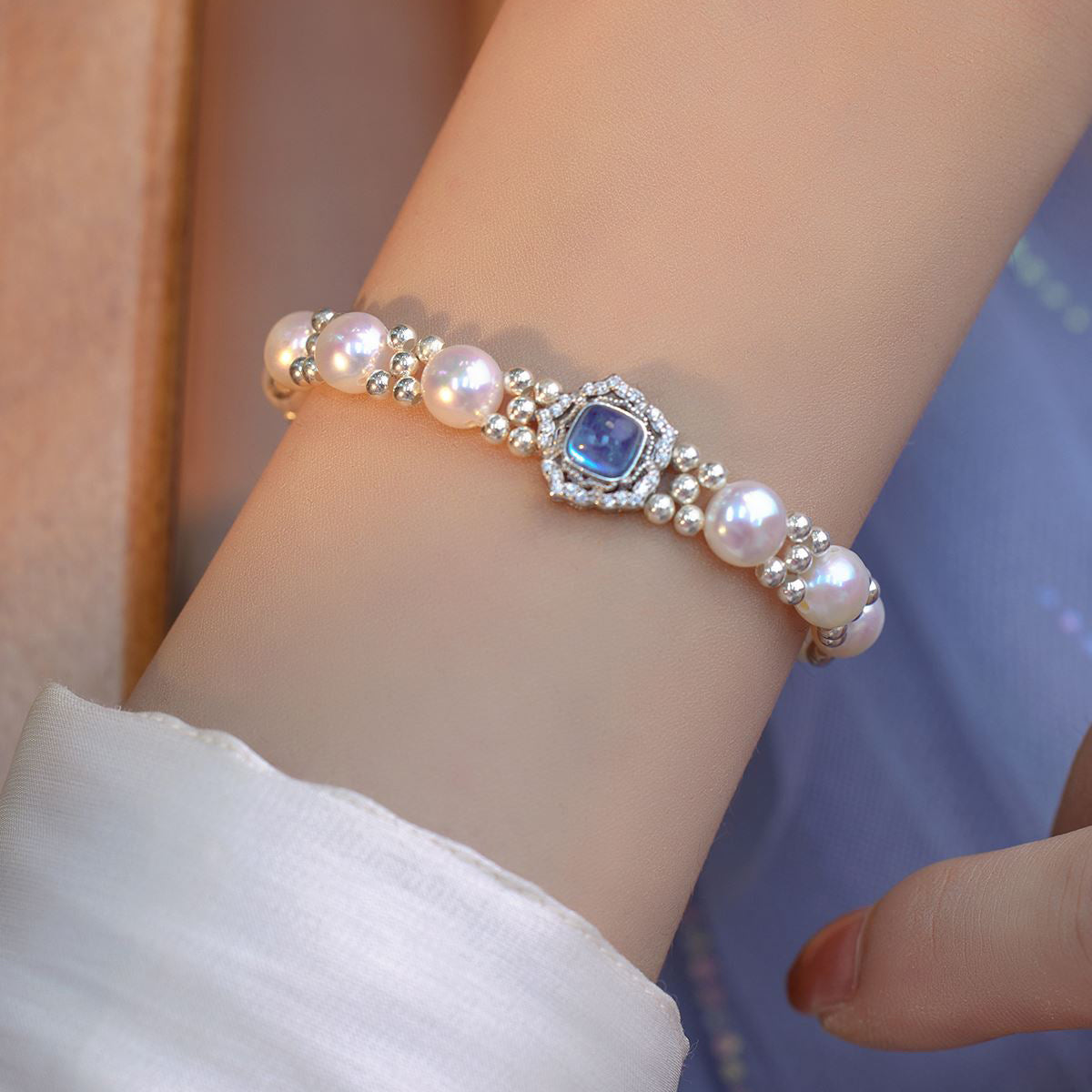 Modern Blue Sterling Silver Overgild Inlaidgem Stone Pearl Chain Bracelet