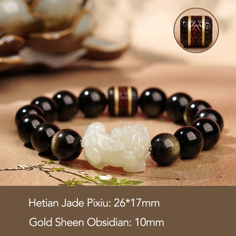 Buddha Stones Natural Gold Sheen Obsidian Hetian Cyan Jade White Jade Pixiu Wealth Bracelet
