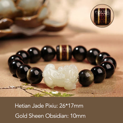 Buddha Stones Natural Gold Sheen Obsidian Hetian Cyan Jade White Jade Pixiu Wealth Bracelet