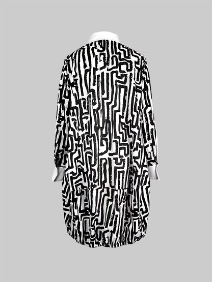 Long Sleeves Loose Printed Split-joint Lapel Midi Dresses Shirt Dress