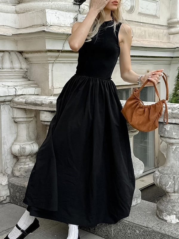 A-line Sleeveless Color Split-joint Round-neck Maxi Dresses