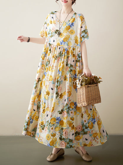 A-line Loose Printed Round-neck Midi Dresses