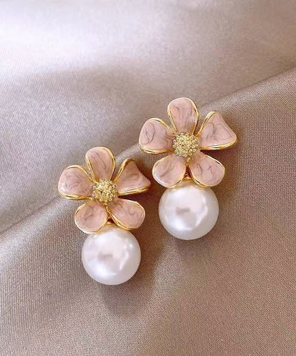 Pink Copper Alloy Pearl Stud Earrings