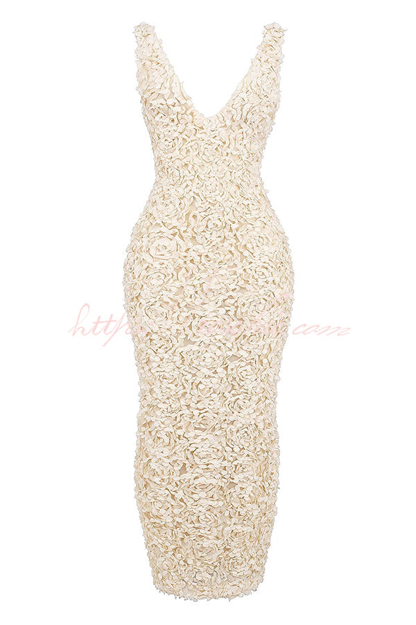 Champagne Party Rose Applique Slit Pencil Maxi Dress