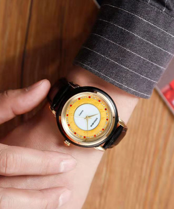 Black Leather Alloy Zircon Inlaid Jade Tempered Glass Waterproof Watch
