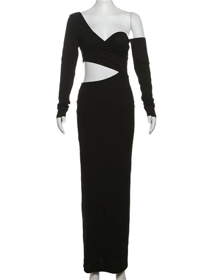 Hollow Out Maxi Dress for Patchwork Slim Off-shoulder High Waist Party Dress Female Long Dress