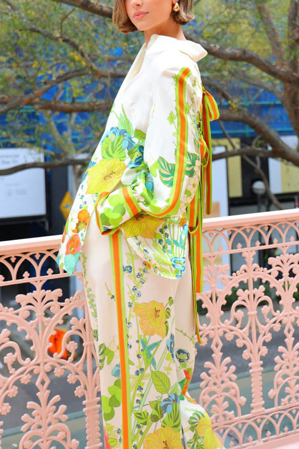 Satin Print Back Tie-up Button Down Oversized Blouse