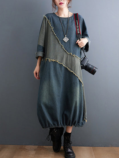 Original Loose Denim Contrast Color Round-neck Long Sleeves Midi Dress
