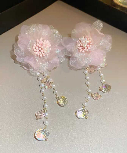 Pink Crystal Pearl Tulle Tassel Drop Earrings