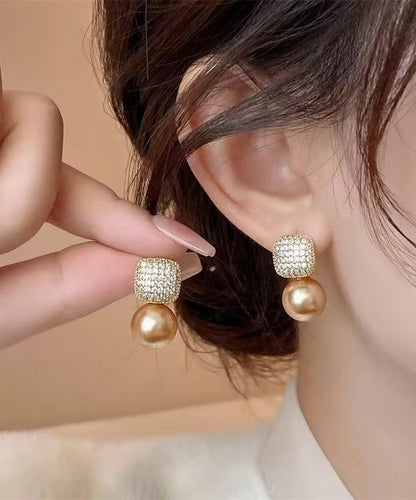 Champagne Copper Overgild Zircon Pearl Stud Earrings