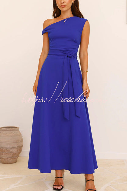Color Sloped Collar Slim Fit Waist Lace Up Full Hem Maxi Dress
