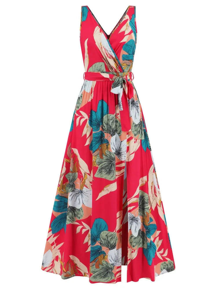 Summer Flower Print Sleeveless Long Dresses V-neck Slim Leace-up Slit Dress Female Commuting Vacation Vestido