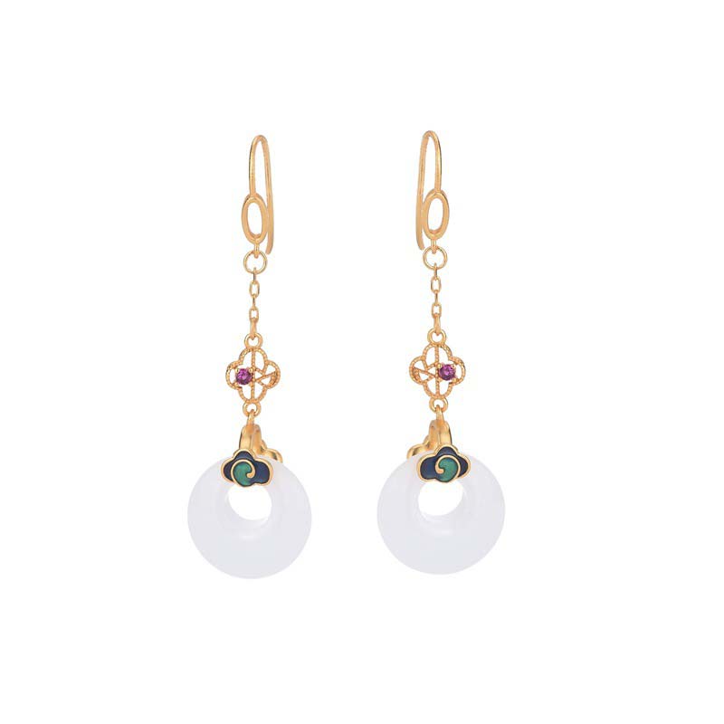 Fengshui White Jade Blessing Drop Earrings