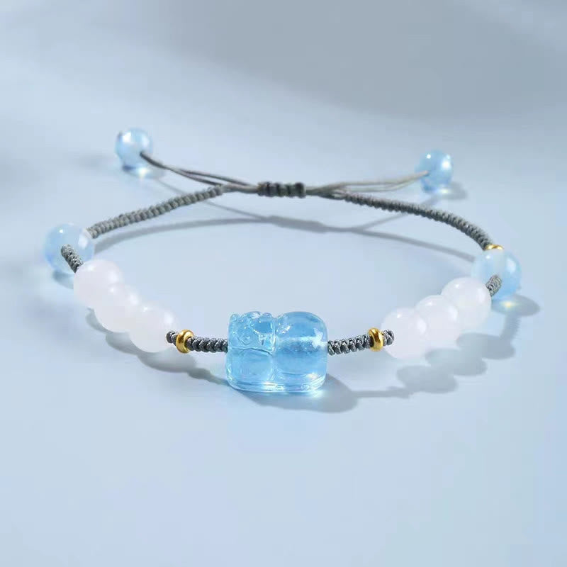 Buddha Stones Natural Aquamarine Pixiu Hetian White Jade Healing Bracelet