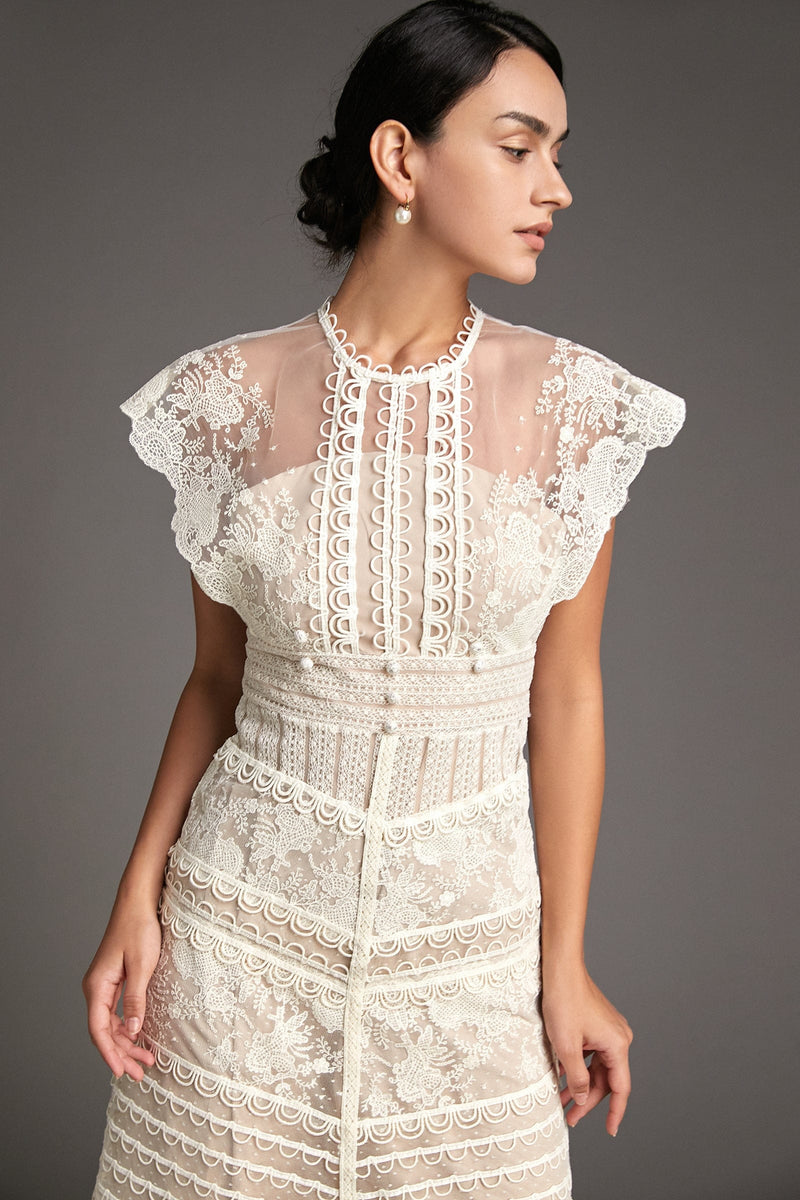 Lydia Flower Embroidered Mesh Midi Dress