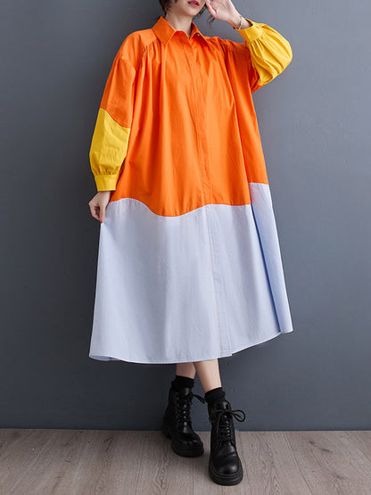 Loose Puff Sleeves Contrast Color Pleated Split-joint Lapel Midi Dresses Shirt Dress