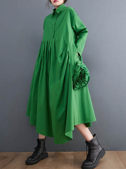 Urban Applique Pleated Long Sleeves Shirt Dress Midi Dress