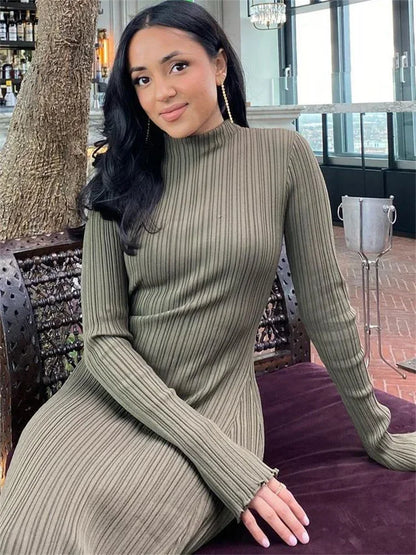 Autumn Ruffled Knitwear Long Dress Female Long Sleeve Loose Ribbed High Waist Maxi Dress Knit Dress