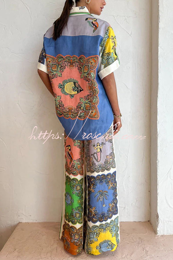 And Posh Linen Blend Mermaid Print Button Down Oversized Blouse