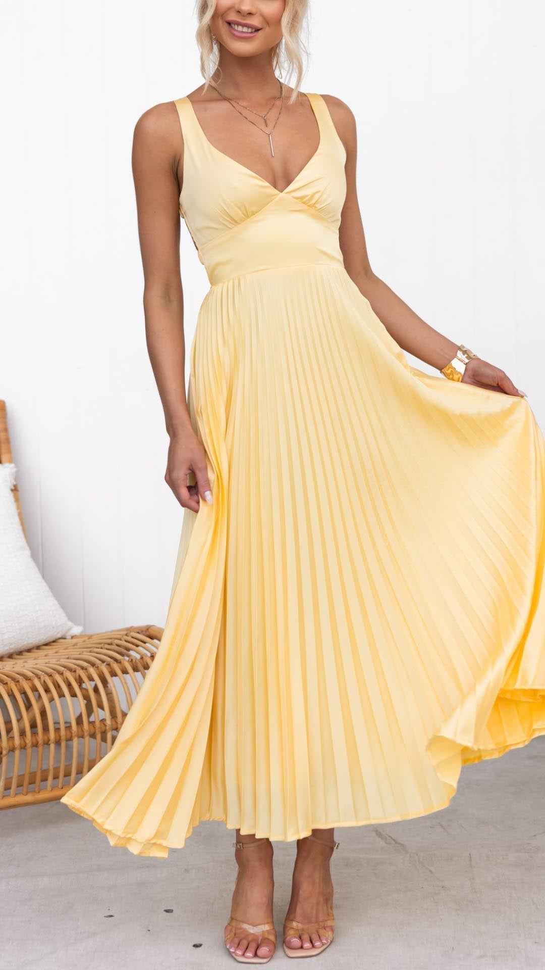 Jane | Pleated V-neck Maxi Dress