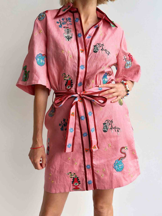 Printed Shirt Collar Single-breasted Mini Dress