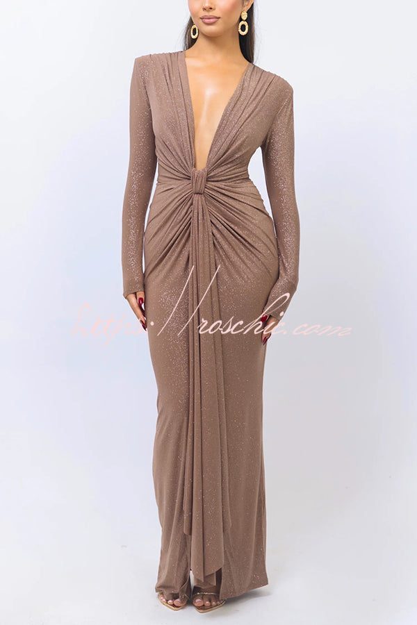 Color Shiny V-neck Long Sleeve Ribbon Slit Slim Fit Maxi Dress