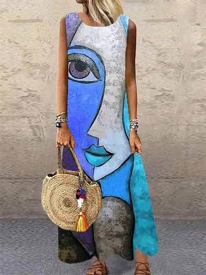 Print Sleeveless Long Dresses Summer O Neck Loose Maxi Dress Temperament Commuting Clothing Vestido Female